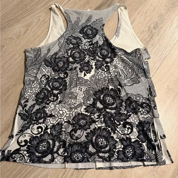 Espresso Monochrome Floral Lace Tank Top with Ruffles - Picture 3 of 3